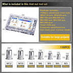 Rivet Nuts 1100 PCS, Metric Insert Rivet Nut Combination Kit, Aluminum Flat Head Thread Insert Rivet Nuts, Suitable for Automotive, Furniture Decoration, Sheet Metal Assembly and Industrial Products