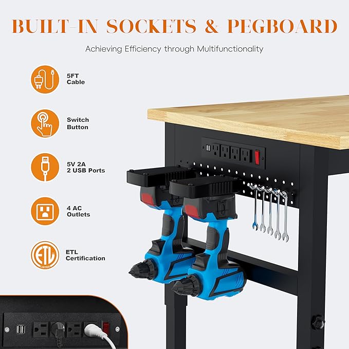 48" Heavy Duty Adjustable Workbench with Large Pegboard, Adjustable Work Table with Power Outlets & Lockable Wheels, Rubber Wood Workstation for Garage, Workshop, Office, Home, Commercial