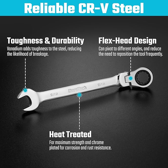 DURATECH 9/16" Flex-Head Ratcheting Combination Wrench, SAE, 72-Tooth, CR-V Steel