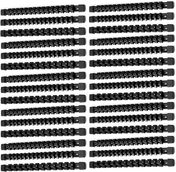 ALOANES 30 PC ABS Socket Organizer, 1/2 inch, 3/8 inch and 1/4 inch Drive Socket Rail Holders, Heavy Duty Socket Racks, Black Rails with Black Clips