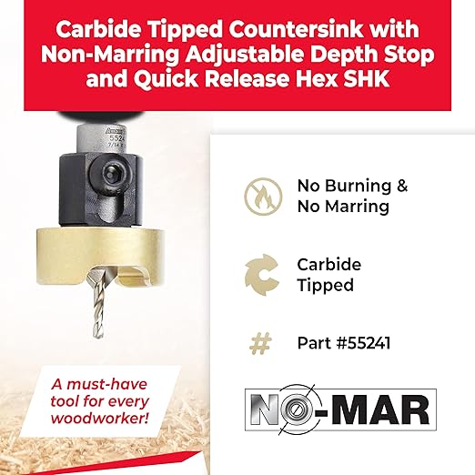 Amana Tool 82 Degree Countersink with Drill Bit Depth Stop and No-Thrust Ball Bearing, 55241, 3/8 D x 7/64 Drill D x 1/4 Inch Quick Release Hex Shank