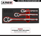 ARES 42048-3-Piece 90 Tooth Ratchet Set - Premium Chrome Vanadium Steel Construction & Mirror Polish Finish - Quick Release for Easy Socket Change - 90-Tooth Reversible Design with 4 Degree Swing