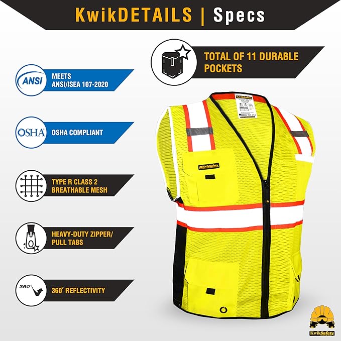 KwikSafety - Charlotte, NC - BIG KAHUNA Safety Vest [11 Pockets] Class 2 ANSI OSHA Reflective Vest Durable High Visibility Vest Construction Safety Vest for Men Industrial Work Gear/Yellow Large