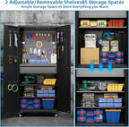71" H Metal Garage Storage Cabinet with Locking Doors and 2 Adjustable Shelves, Rolling Tool Storage Cabinet with Wheels, Drawer, Pegboard and 16 Hooks for Garage, Warehouse, Black