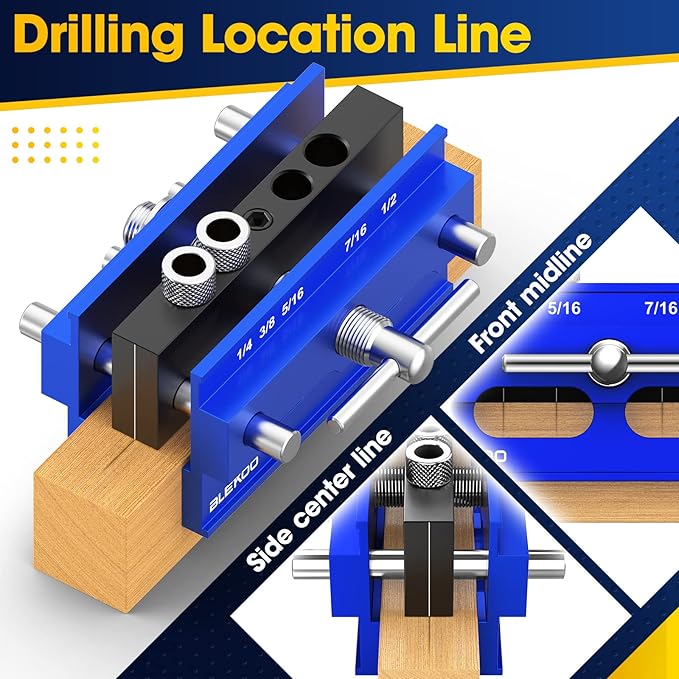 Self Centering Doweling Jig Kit, Drill Jig For Straight Holes Biscuit Joiner Set With 6 Drill Guide Bushings, Adjustable Width Drilling Guide Power Tool Accessory Jigs (Blue)