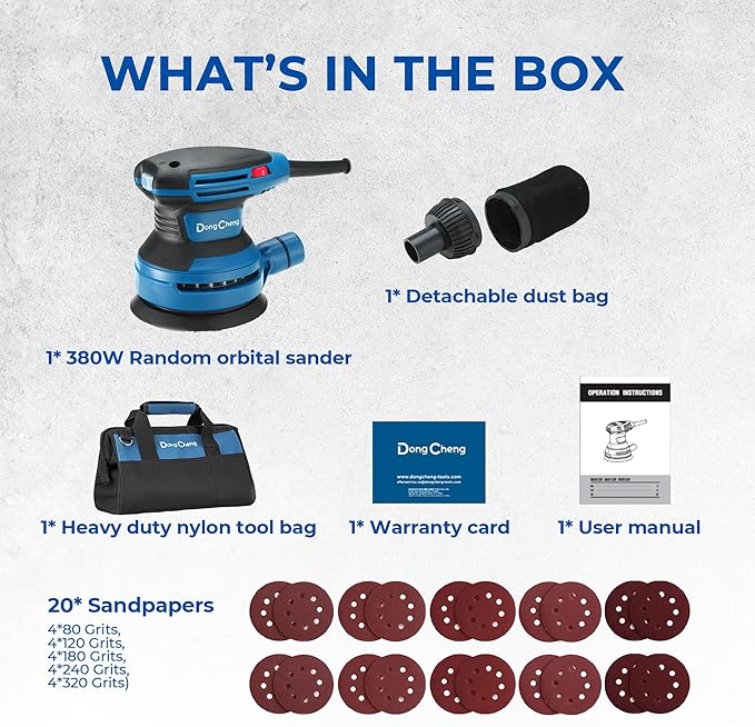 Dong Cheng 5-Inch Random Orbital Sander 380W 12800OPM Electric Palm Sander, 6 Variable Speeds, with 20pcs Sandpaper & Detachable Dust Bag, Power Sander for Woodworking, Sanding & Polishing