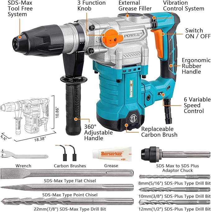Berserker 1-9/16" SDS-Max Heavy Duty Rotary Hammer Drill with Vibration Control,Safety Clutch,13 Amp 3 Functions Demolition Rotomartillo for Concrete-Including 4 Drill Bits,2 Chisels,Carrying Case