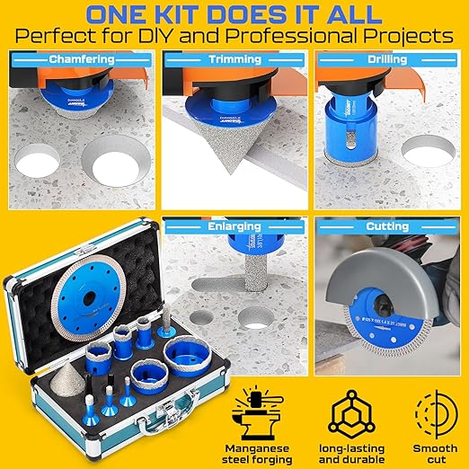 DAIMIT 13-Piece Diamond Drill Bits Set | Vacuum-Brazed Core Hole Saws (5/8"-11 Arbor) for Tile, Marble & Porcelain | Wet/Dry Use | Granite & Glass Cutting Kit