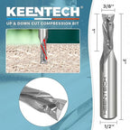 KEENTECH 1/2" Shank 2 Flute Flat Tip Compression Sprial Router Bit for CNC Router Machine, 3/8" Cutting Diameter, 1" Cutting Depth, for Wood Cutting, Custom Furniture, Slot Mortise, Engraving