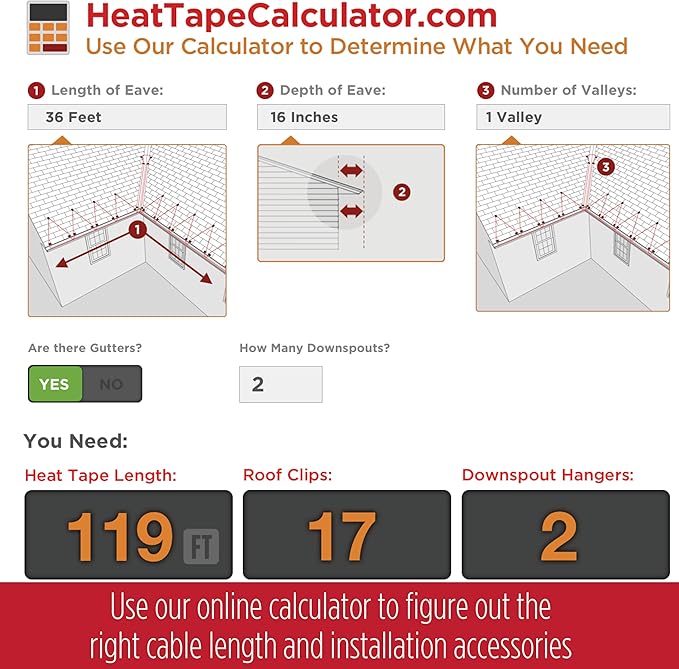 RADIANT SOLUTIONS HeatTapePro - Intelligent Commercial Grade Self-Regulating Heat Cable with GlowCap™ - 10 YR warranty - Ice Dam & Pipe Freeze Protection - 87 ft cable + 10 Ft Cord, 120V, 6 watts/Ft