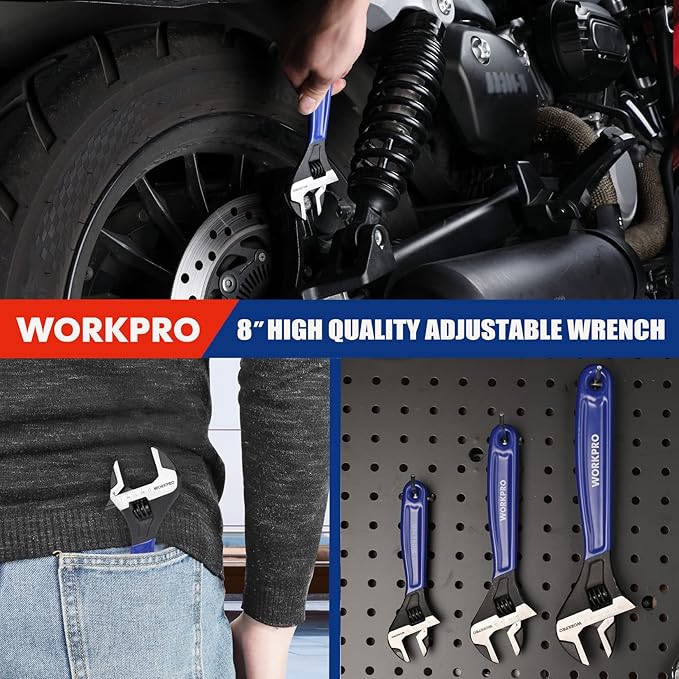 WORKPRO 8-Inch Adjustable Wrench, Cr-V Steel Wide Jaw Black Oxide Wrench, Metric & SAE Scales, for Home, Garage, Workshop and DIY
