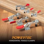 POWERTEC 2PK Toggle Clamp, 500 lbs Holding Capacity, 225D Quick Release Horizontal Clamps w/Antislip Rubber Pressure Tip for Woodworking Jigs and Fixtures, Welding, Drill Press, Crosscut Sled (20325)