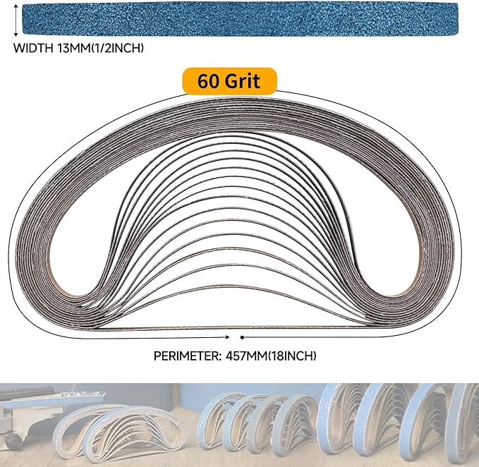 40-Piece 1/2 x 18 Inch 60 Grit Zirconia Sanding Belts, Heavy Duty Long-lasting Mini Sanding Bands for Belt Sander, Rust Paint Removal, Wood Metal Grinding and Finishing