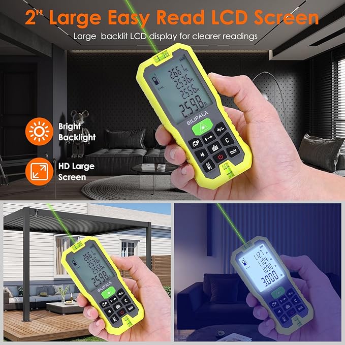 Laser Measure, 100M/328ft Digital Laser Distance Meter, ±2mm Accuracy Laser Measuring Tool, Tape Measure with Backlit LCD, Measuring Distance,Area,Volume,Pythagorean IP54 Shockproof(Green)