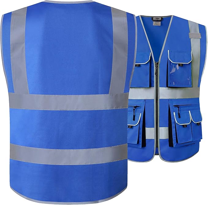 JKSafety 10 Pockets Blue Color Safety Vest Zipper Front with High Reflective Strips Meets ANSI/ISEA Standards (88-Blue, Large)