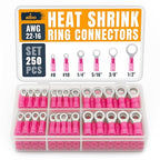 250PCS Red Heat Shrink Ring Terminal Kit – 22-16 AWG Wire Terminal Connectors Assortment, 6 Sizes (#8, #10, 1/4", 5/16", 3/8", 1/2") – Waterproof Tinned Copper Electrical Ring Connectors