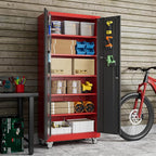 Metal Garage Storage Cabinet with Pegboard, 71''H*32" W*16" D Rolling Tool Cabinets on Wheels with 5 Adjustable Shelves for Garage Home Warehouse Utility Room, Assembly Required,Red and Black