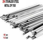 Metal Zip Ties 11.8inch 100pcs 304 Stainless Steel Cable Ties, Uv Resistant Heavy Duty Stainless Steel Zip Ties for Machinery, Exhaust Wrap, Farm, Pipe, Roof, Cable, and Outdoor Fence
