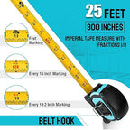 DURATECH Magnetic Tape Measure 25FT with Fractions 1/8, Retractable Measuring Tape, Easy to Read Both Side Measurement Tape, Magnetic Hook and Shock Absorbent Case for Construction, Carpenter