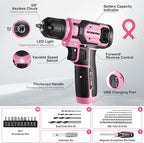WORKPRO Pink Cordless Drill Driver with Toolbox, 8V Lithium-ion Power Drill and Bits, 2.0 Ah Portable Electric Screwdriver Home Tool Set with Stackable Pink Ribbon Tool Box