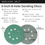 Sanding Discs 5 Inch 8 Hole 120 Grit - Heavy-Duty Hook & Loop Wet Dry Film Sandpaper Discs - Fine Grit Sand Paper for Random Orbital Sanders - Wood, Automotive, Metal, etc - 50 Pack Box