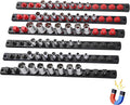 6-Piece Magnetic Socket Organizer, Heavy Duty Aluminum Socket Rails Organizer, 360° Swivel Clips Socket Holder Kit for Tool Box, 1/2, 3/8, 1/4-Inch Socket Holder x 80 Clips (Red&Black)