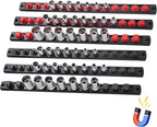 6-Piece Magnetic Socket Organizer, Heavy Duty Aluminum Socket Rails Organizer, 360° Swivel Clips Socket Holder Kit for Tool Box, 1/2, 3/8, 1/4-Inch Socket Holder x 80 Clips (Red&Black)