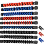ALOANES 9PC ABS Socket Organizer, 1/2 inch, 3/8 inch and 1/4 inch Drive Socket Rail Holders, Heavy Duty Socket Racks, Black Rails with Red Blue Black Clips