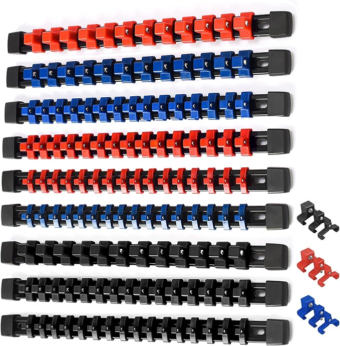 ALOANES 9PC ABS Socket Organizer, 1/2 inch, 3/8 inch and 1/4 inch Drive Socket Rail Holders, Heavy Duty Socket Racks, Black Rails with Red Blue Black Clips