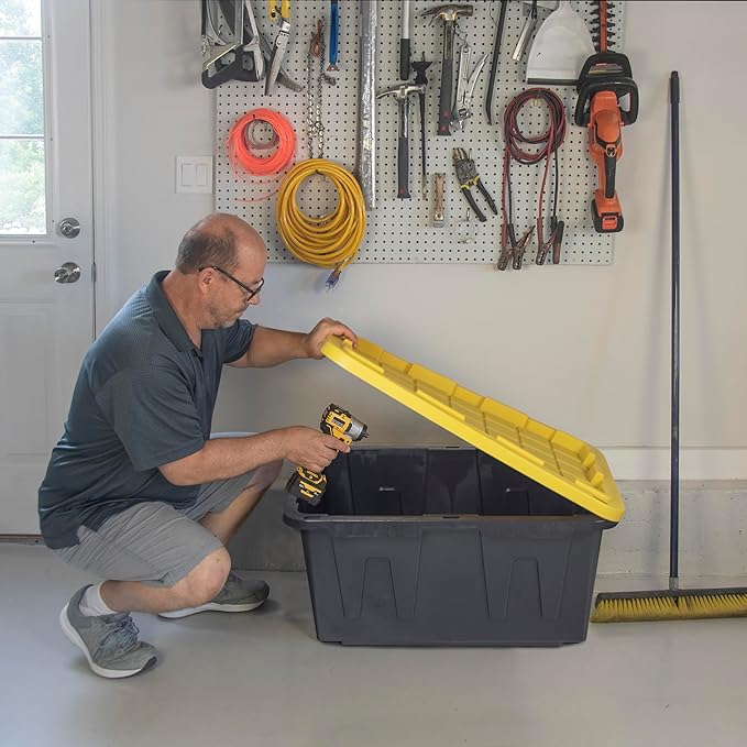 CX BLACK & YELLOW, 27-Gallon Heavy Duty Tough Storage Container & Snap-Tight Lid, (14.3"H x 20.6"W x 30.6"D), Weather-Resistant Design and Stackable Organization Tote [4 Pack]