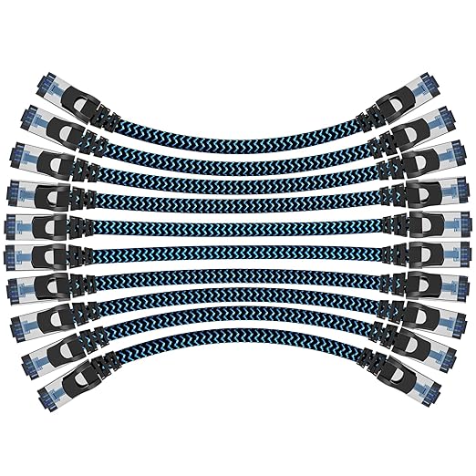 Cat8 Ethernet Cable 8 ft 10 Pack, High Speed 40Gbps 2000MHz, Braided, Blue, Compatible with Router, Modem, Laptop, PC, Gaming