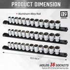 ALOANES 3-Piece Magnetic Socket Organizer, Heavy Duty Aluminum Socket Rails Organizer, 360° Swivel Clips Socket Holder Kit for Tool Box, 1/2-Inch Socket Holder x 36 Clips (Black)