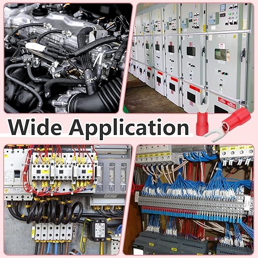 200 Pcs Insulated Fork Spade U-Type Wire Connectors, 22-16 AWG M4 Electrical Crimp Terminal, Stud Size #8 Size Red Butt Connectors