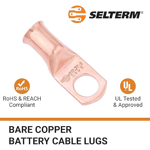 SELTERM 2pcs 2 AWG 3/8" Stud Copper Wire Lugs, Battery Lugs, Ring Terminals, Battery Cable Ends, 2 Gauge Ring Terminal Connectors, UL Heavy Duty Bare Copper Eyelets Battery Terminal Connectors