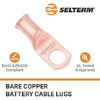 SELTERM 10pcs 2 AWG - 3/8" Stud - Battery Lugs, Heavy Duty Wire Lugs, Ring Terminals, Battery Cable Ends,2 Gauge Terminals, UL Bare Copper Eyelets Electrical Battery Terminal Connectors