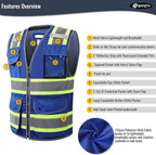 JKSafety 11 Pockets Hi-Vis Blue Mesh Safety Vest for Men Women High Visibility Reflective Construction with Zipper Work Utility PPE Work Gear ANSI/ISEA compliant (102-Blue XXL)