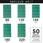 3" x 5" (80mm x 133mm) 14-Hole Sanding Sheet Assortment - 80, 120, 150, 180, 220 Grit (10 of Each) - Fits Festool RTS 400 & Mirka Deos 353 - Hook & Loop Sandpaper - 50 Pack Box