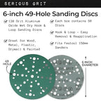 6-Inch 49-Hole 120 Grit Sanding Discs - Heavy-Duty Hook & Loop Film Discs - Sandpaper for Random Orbital Sanders - 50 Pack Box