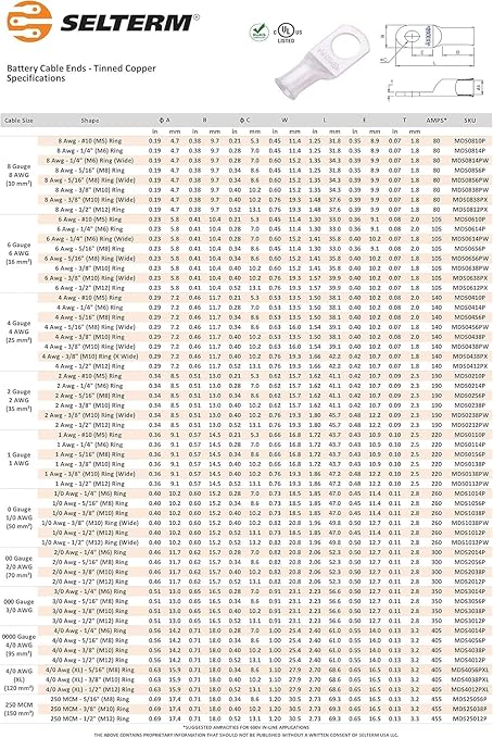SELTERM 2pcs 2 AWG 1/2" Stud Tinned Copper Wire Lugs, Battery Lugs, Ring Terminals, Battery Cable Ends, 2 Gauge Ring Terminal Connectors, UL Marine Grade Electrical Battery Terminal Connectors