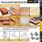 4Pcs Ogee Fillet Router Bit Set,1/4" Shank,Bearing Guided Ogee Mould Bits Radius 4.5mm, 5.7mm,7mm,8.4mm Profile Edge Cutter for Wood Profiling,Routing,Molding