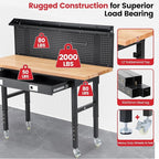 Work Bench with Wheels 60 x 22 Inch Heavy Duty Rubberwood Tabletop Work Table Adjustable Height Garage Workbench with LED, Drawers, Pegboard, Power Outlets for Woodworking Shop, Home, Office