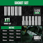 SK 1/2" Drive Socket Set, Deep Metric Sockets, 11-Piece 10-20mm, SuperKrome Finish, Premium CR-V Construction, with Aluminum Socket Organizer