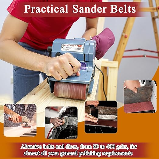 55PCS 4 x 36 Inch Alumina Sanding Belts (80/120/150/240/400 Grits) with 6 Grits 6-Inch Self Stick No Hole Sanding Disc for Aluminum Oxide Sanders, Sandpaper for Wood Metal Stainless Steel