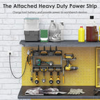 CCCEI Modular Power Tool Organizer Wall Mount Charging Station, Grey 6 Drills Holder with 8 Plug Power Strip 6FT, Garage Drill Battery Heavy Duty Metal Shelf, Utility Rack with Hooks, Side Storage.