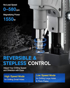 ZELCAN Mag Drill Press with 11 Pcs Bits, 1550W Portable Magnetic Drill Press with 2" Boring Diameter, 0-580 rpm Stepless Speed & Reversible Direction, 2922 lbf Power Magnetic for Metal Surface