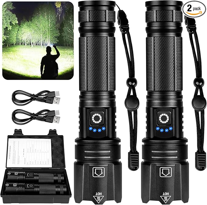 Rechargeable LED 90,000 Flashlights High Lumens, 2 Pack Super Bright Flash Light with 5 Modes, High Powered Handheld Flashlight for Home Camping Hiking Night Work