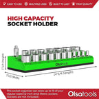 Olsa Tools Magnetic Socket Holder | 1/2-inch Drive | Metric | Green | Holds 19 Sockets | Professional Quality Tools Organizer