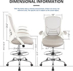 HYLONE Drafting Chair, Tall Office Chair Standing Desk Stool with Adjustable Foot Ring, Flip-Up Arms, Mesh High-Back Drafting Table Chair, White & Grey