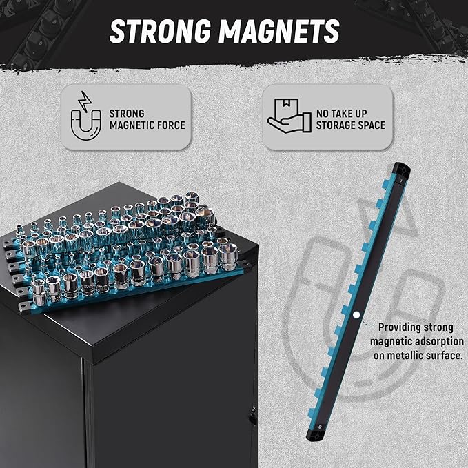 ALOANES Magnetic Socket Organizer Set, 6-Piece Heavy Duty Aluminum Socket Holder Socket Rail Organizer for Tool Box, 360° Swivel Clips Socket Rack 1/4, 3/8, 1/2-Inch x 80 Clips (Aqua Blue)