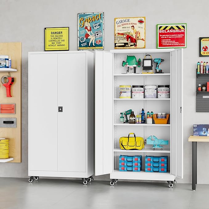 75" Tall Metal Storage Cabinet with Wheels,Rolling Garage Storage Cabinet with Lock,White Metal Cabinets with Wheels and Shelves,Tool Cabinets on Roller for Garage,Home,Office,Shop